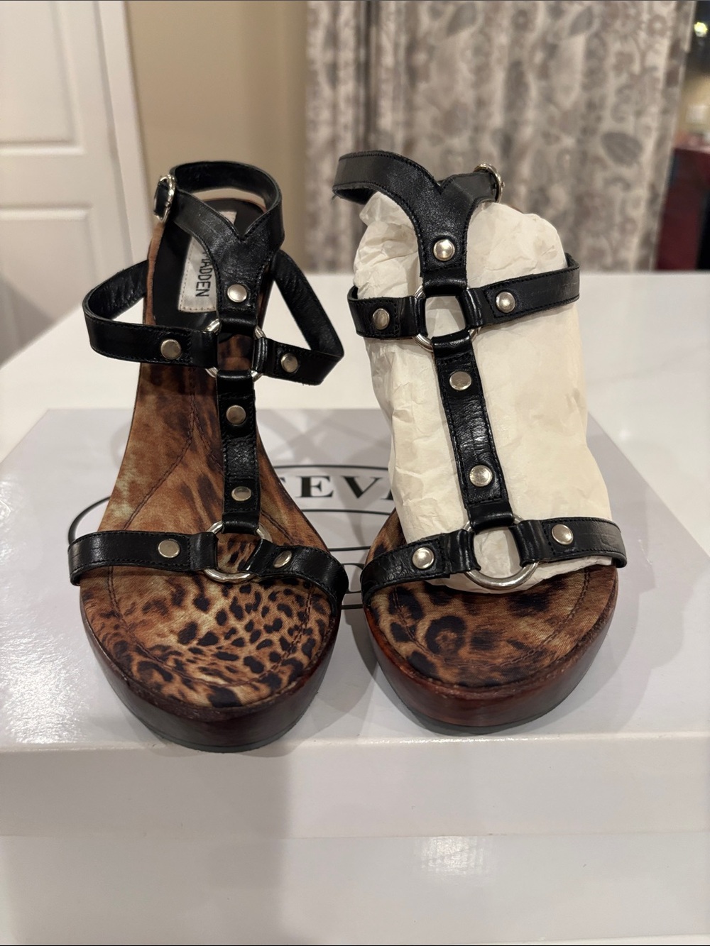 Steve Madden Black Leather & Leopard Print Stiletto Sandals - Picture 2 of 6